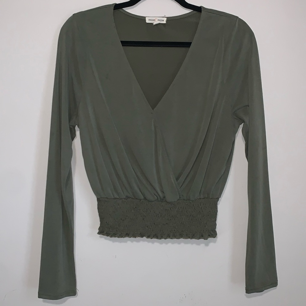 Long Sleeve Top Large V Neck Green Moa Womens Stretch Casual Going Out